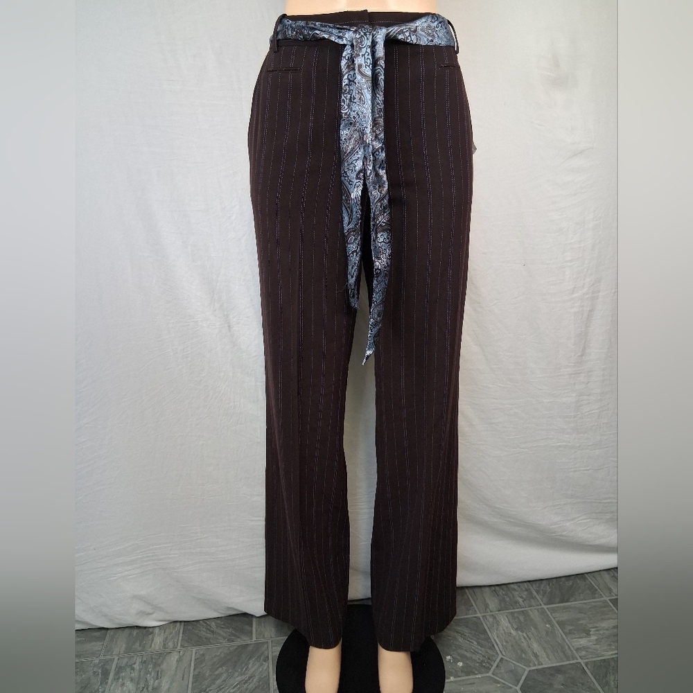 Larry Levine Brown Pinstripe Wide-Leg Pants with Blue Stitching Size 10 - Picture 12 of 16